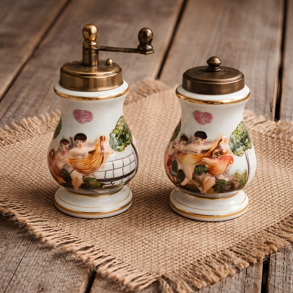 Capodimonte Porcelain Brass Salt Shaker Pepper Mill Cherubs Angels Italy Vintage